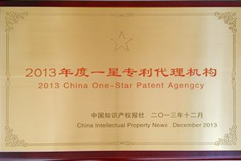 2013年度一星專利代理獎狀