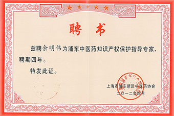 浦東中醫(yī)院知識產(chǎn)權(quán)專家聘書